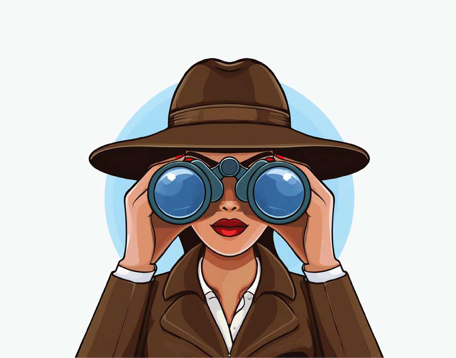 illustration of a stereotypically dressed spy looking through binoculars